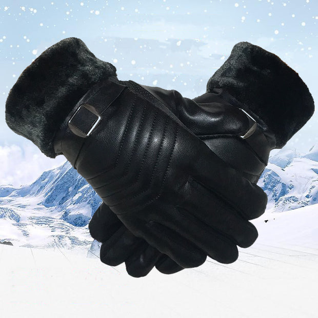 Winter Leather Gloves For Men And Women Velvet Thickened Cold-proof Warm Cycling Anti-slip Touch-screen Large Fleece.