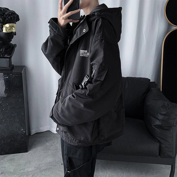 Cardigan Casual Hooded Letter Multi-pocket techwear street wearJacket Coats For Men