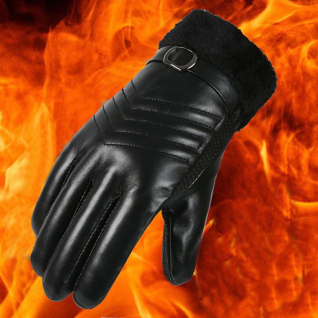 Winter Leather Gloves For Men And Women Velvet Thickened Cold-proof Warm Cycling Anti-slip Touch-screen Large Fleece.