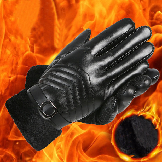 Winter Leather Gloves For Men And Women Velvet Thickened Cold-proof Warm Cycling Anti-slip Touch-screen Large Fleece.